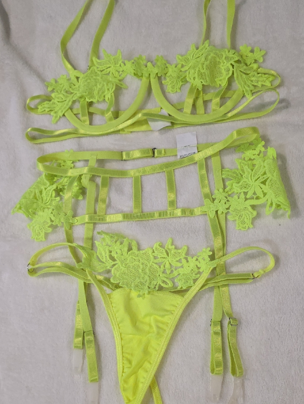 Neon Yellow Lace Strappy Lingerie Set